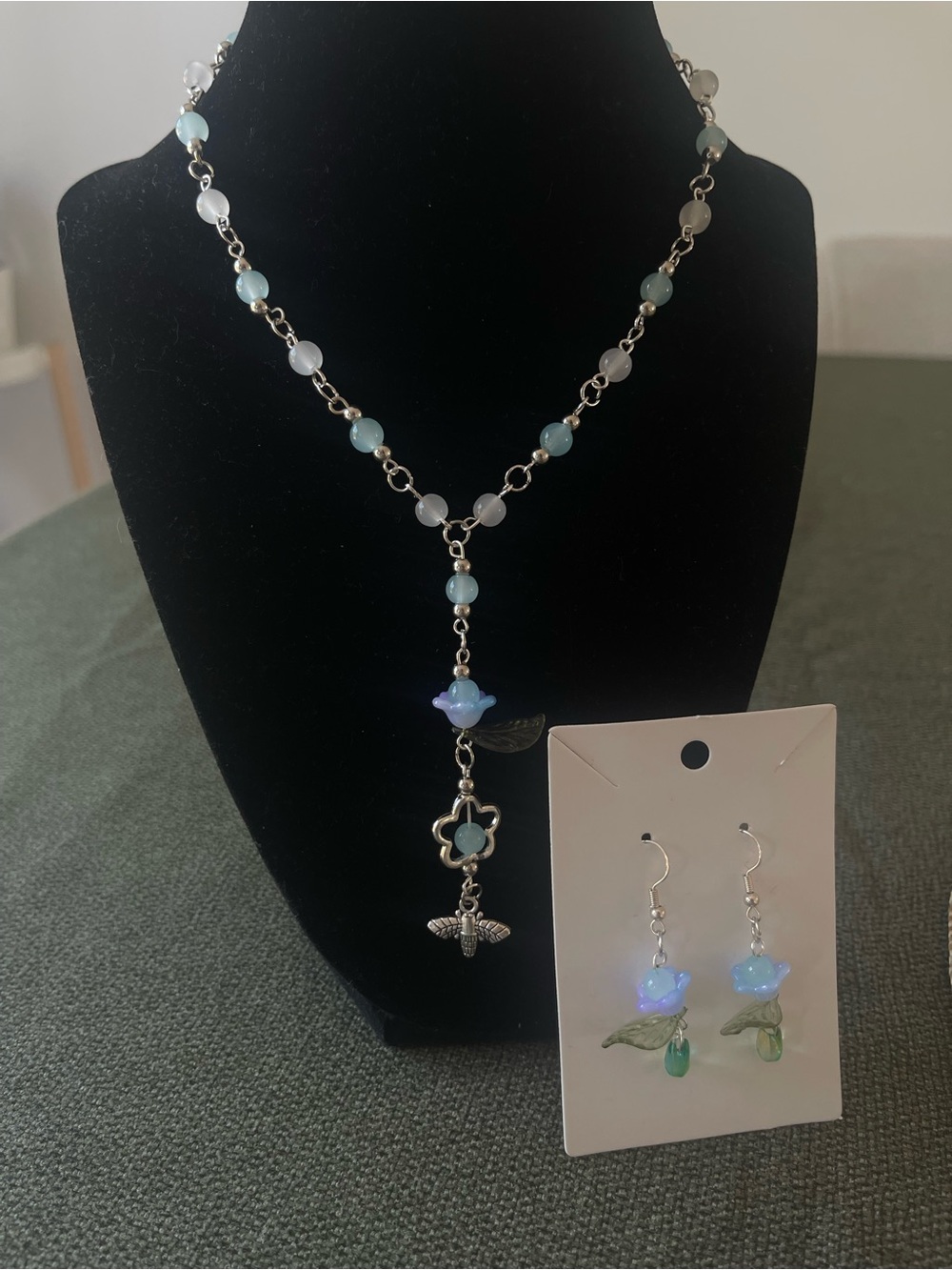 Blue & Light Green Beaded Floral Drop Necklace with Matching Earrings